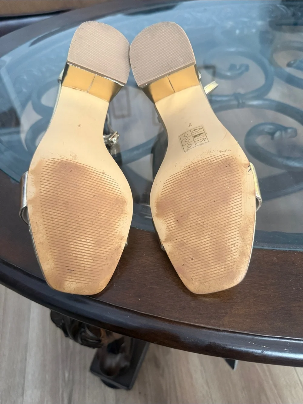 Birdy Grey Gold Block Heel Ankle-Strap Sandals